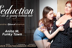 Teeny babe Funky Town gets seduced by her horny neighbour Anita M. in the living room